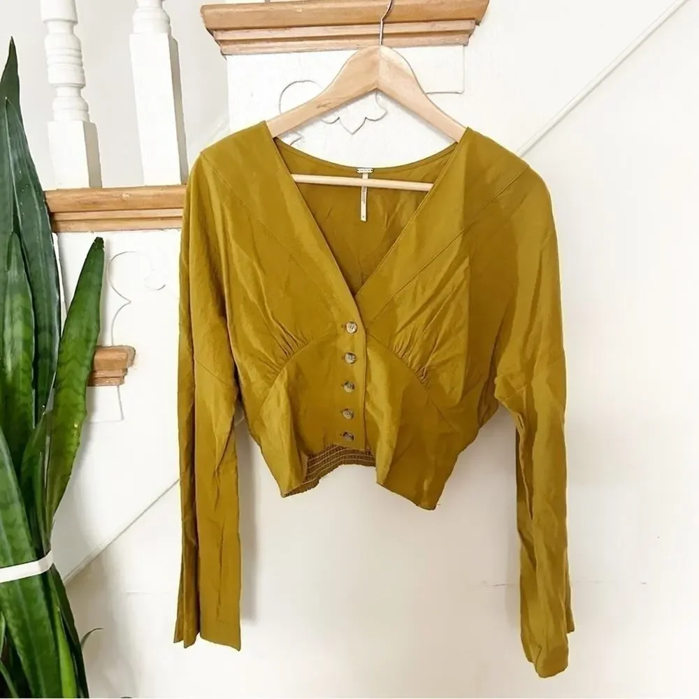 Free People Mustard Yellow Long Sleeve Smocked Forever Yours Cropped Top Size S